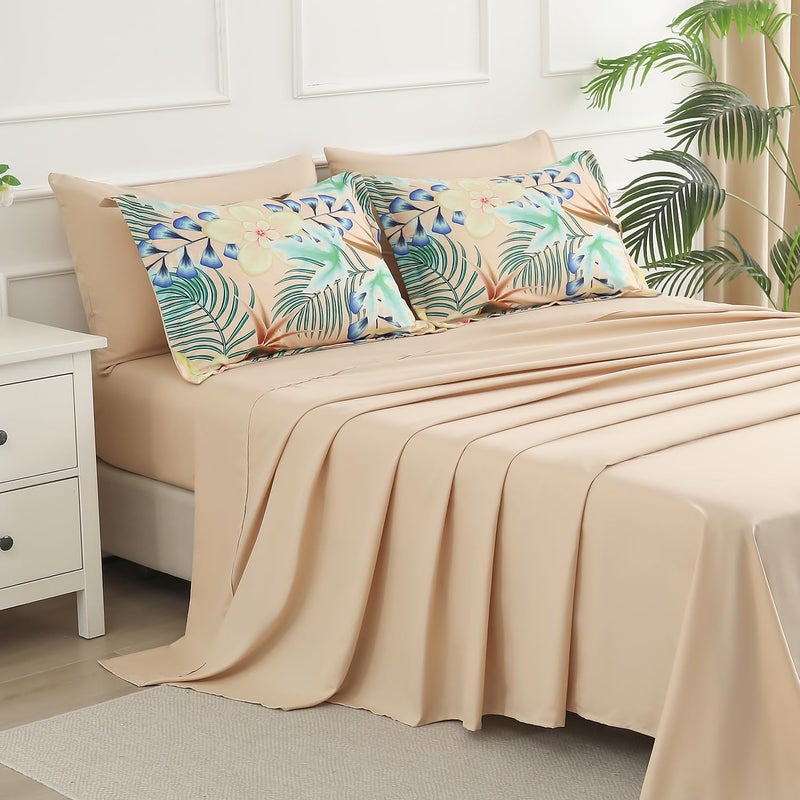 Yogeneg 7 Piece Bed in a Bag Queen Size Comforter Set Khaki Bedding Set Yellow Floral Green Leaves Pattern Reversible Design Soft Microfiber Comforter with Sheet Set All Season(Khaki Queen) - Image 4